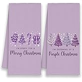 Xmsaitar Purple Christmas Tree Kitchen Towels Set of 2, I'm Dreaming of A Purple Christmas Hand Bathroom Towels for Girly Room, Festive Preppy Decorative Dish Towels Decor for Dorm Dining Room 16x24in