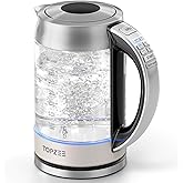 TOPZEE 1.7L Glass Electric Kettle for Coffee & Tea, Hot Water Boiler with 6 Preset Temperatures, 1500W Rapid Boil, Keep Warm and Memory Function, Auto Shut-off & Dry Boil Protection, BPA Free, White