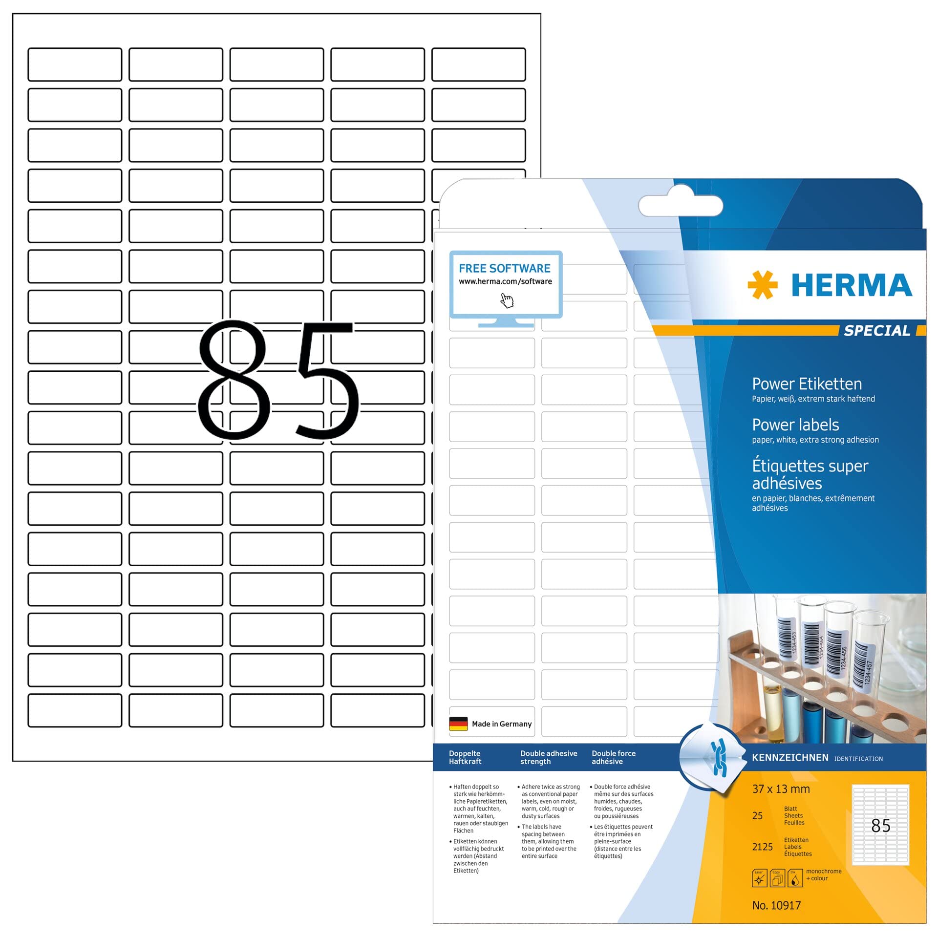 HERMA Extra Strong Adhesive Labels, 85 Labels per A4 Sheet, 25 Sheets, 37 x 13 mm, 2125 Labels, Blank Heavy Duty Labels Stickers, Sticky Labels for Laser & Inkjet Printer, White