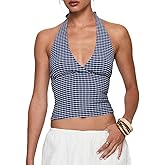 Women Sexy Halter Gingham Top Sleeveless Plunging V-Neck Backless Plaid Top Y2K Slim Fit Cropped Vest Streetwear