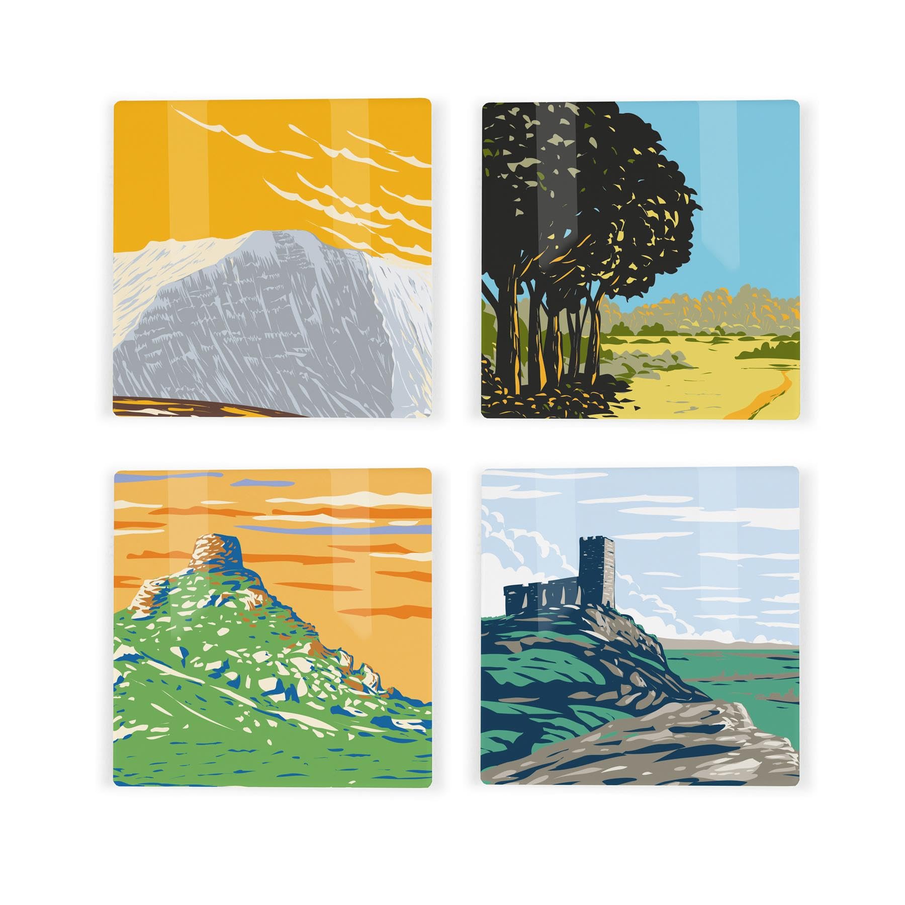 South of England Ceramic Coaster Set - Cornwall Dorset Somerset Devon Landmarks/Landscapes Square Set of Four (4) Coasters Gift
