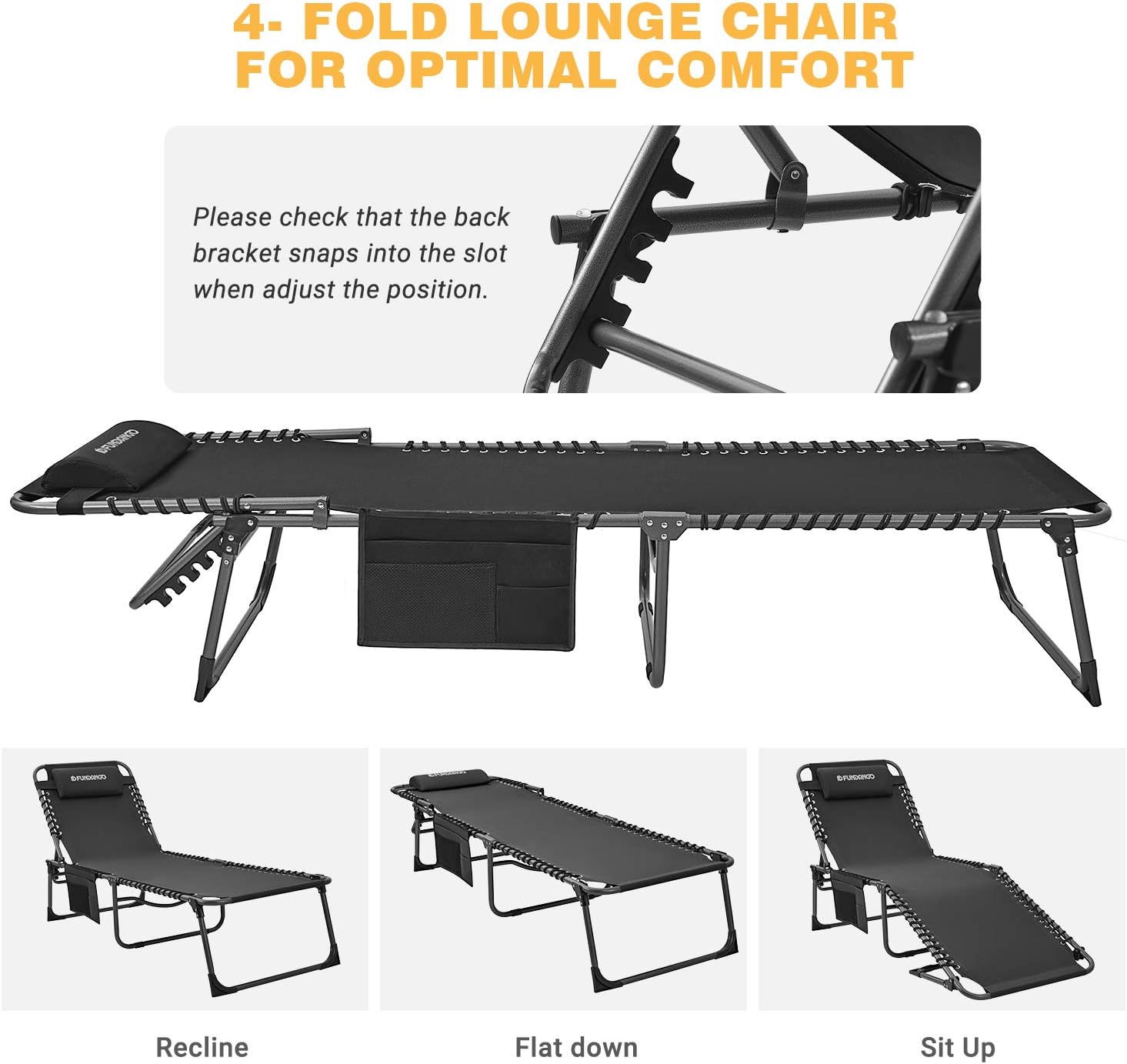 FUNDANGO Folding Chaise Lounge Chair for Outdoor, Lawn, Patio, Beach, Sunbathing, Deck, Lay Flat 4-Fold Portable Lightweight Heavy-Duty Adjustable Camping Reclining Chair with Pillow: Kitchen & Dining