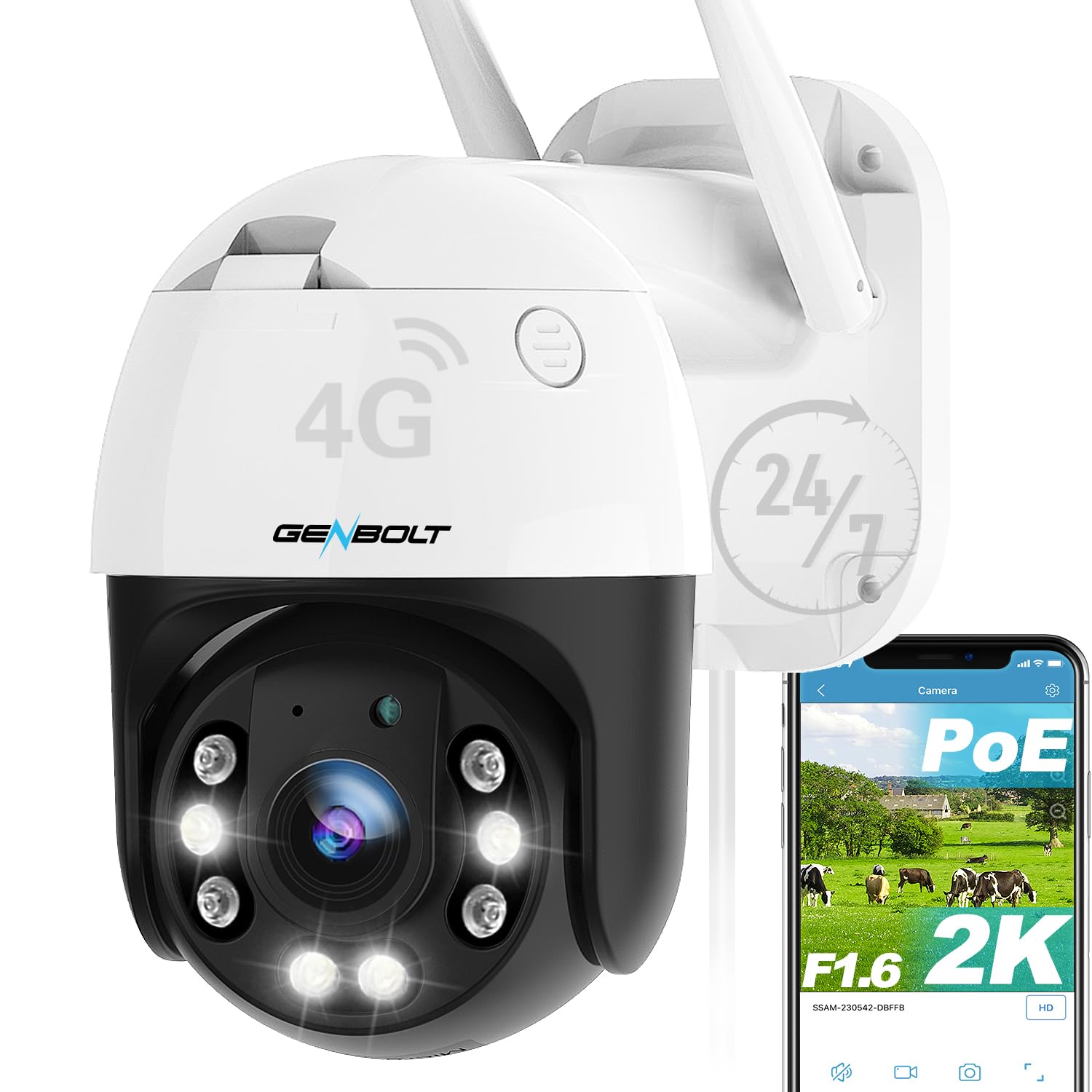 GENBOLT 2K 3G/4G LTE Security Camera Outdoor No WiFi,Cellular CCTV Camera 25FPS with Sim Card,IP Surveillance Camera Wired 24/7 Recording Humanoid Detection,Auto Tracking,Color Night Vision [DC&PoE]