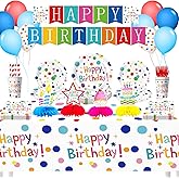 168 Pcs Happy Birthday Decorations, Dots Design Birthday Party Supplies Includes Disposable Party Plates and Napkins,Cups,Tablecloth,Banner,Balloons,Honeycomb Centerpieces for Boys Girls, Serves 24