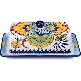 NAGU Hand Drawn Ceramic Butter Dish with Lid, Farmhouse Butter Plate Tray with Cover, Vintage Cheese Container Holder for Kitchen Countertop, Decorative Colored Country Style Home Butter Keeper Saver