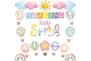 VABAMNA Spring Bulletin Board Decorations for Classroom - 22pcs Soaring Into Spring Hot Air Balloon Cutouts with Dot Glue for Spring Home School Wall Door Decorations