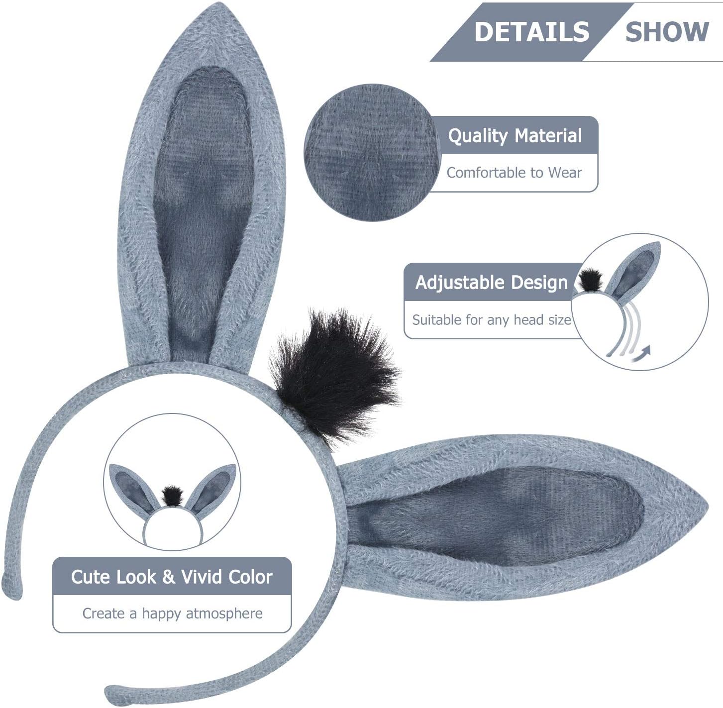 WILLBOND Animal Costume Set Ears Headband Tail Animal Dress Up Set Fancy Dress Costume Party Decoration Accessory (Donkey) - Image 4