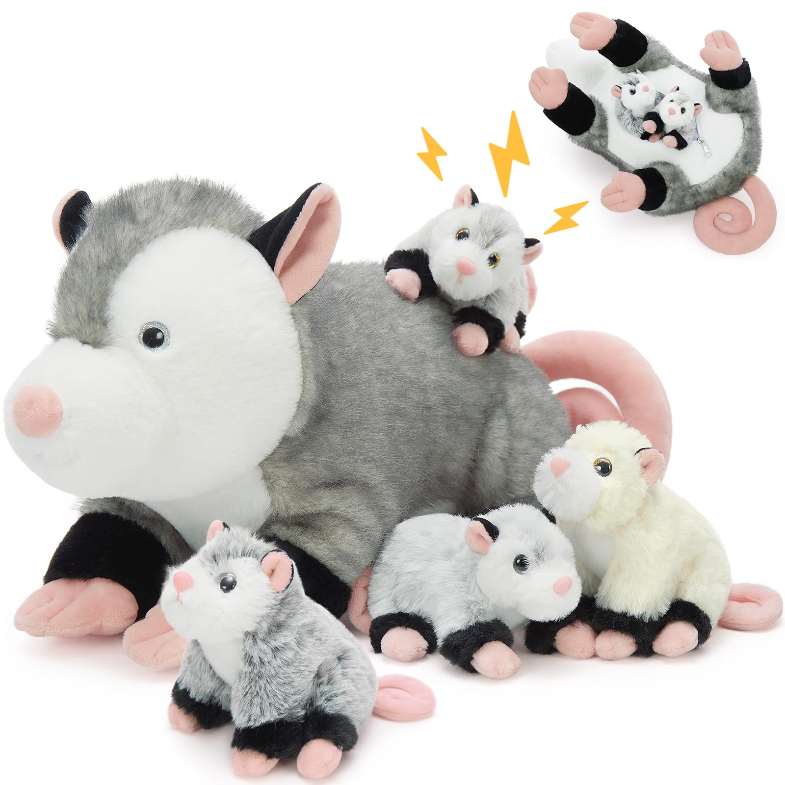 Photo 1 of Tezituor 5Pcs Opossum Stuffed Animals Set, 24 Inch Large Mommy Stuffed Opossum Plush with 4 Cute Babies Toy, Realistic Possum Plush Pillow for Girls Boys