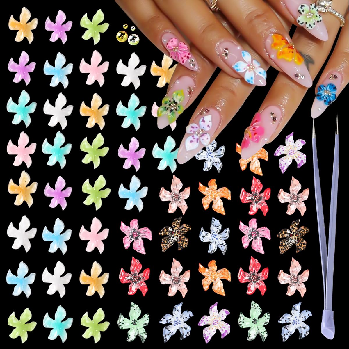 Photo 1 of 100PCS Nail Charms Acrylic Flower Nail Art Decorations 3D Lily Hibiscus Floral Mixed Caviar Bead Charms for Nails Cute Colorful Resin Flowers with Tweezers Nail Accessories Supplies for Nails Design