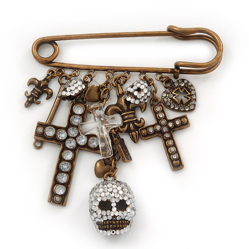 'Crosses, Hearts & Skulls' Charm Safety Pin Brooch In Bronze Finish Metal -