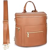 miss fong Diaper Bag Backpack Baby Diaper Bag, Large Leather Diaper Backpack with 16 Pockets Travel Diaper Bag with Diaper Changing Pad, Stroller Straps & 2 Insulated Pockets (Regular, Cognac)