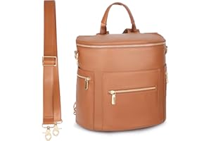 miss fong Diaper Bag Backpack Baby Diaper Bag, Large Leather Diaper Backpack with 16 Pockets Travel Diaper Bag with Diaper Changing Pad, Stroller Straps & 2 Insulated Pockets (Regular, Cognac)