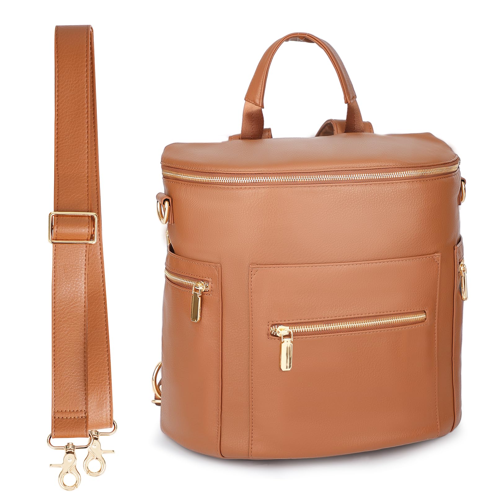 miss fong miss fong Diaper Bag Backpack Baby Diaper Bag, Large Leather Diaper Backpack with 16 Pockets Travel Diaper Bag with Diaper Changing Pad, Stroller Straps & 2 Insulated Pockets (Regular, Cognac)