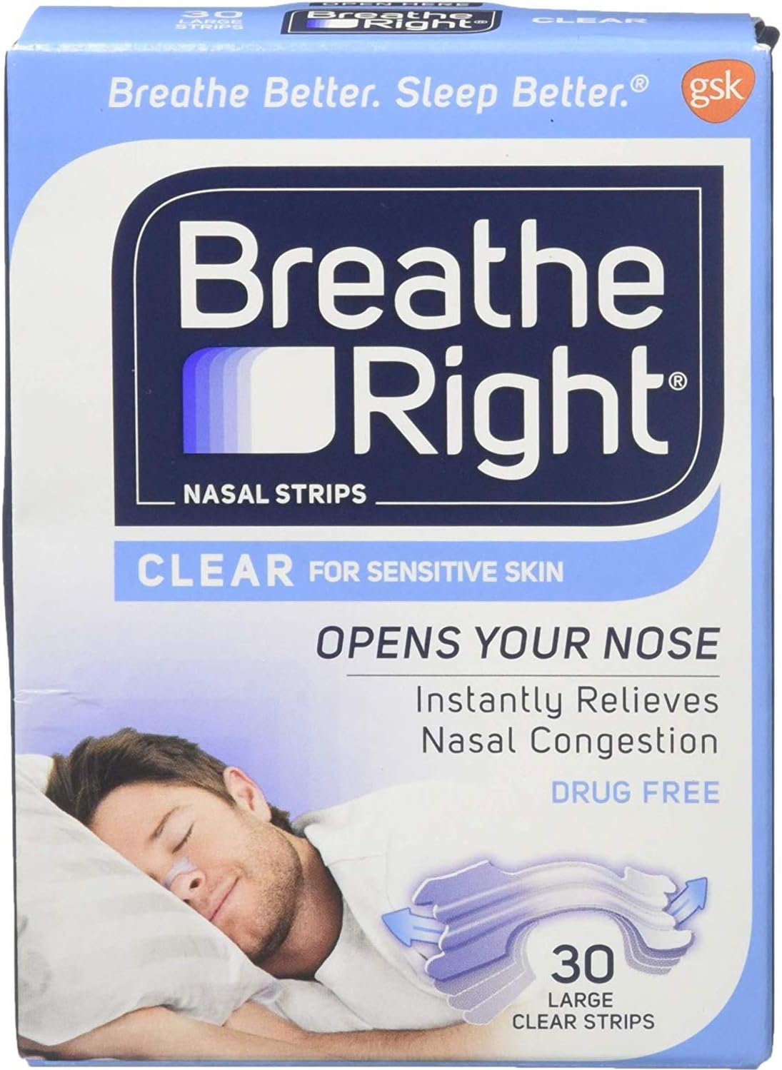Breathe Right Nasal Strips Clear for Sensitive Skin Large 30 Each: Health & Personal Care