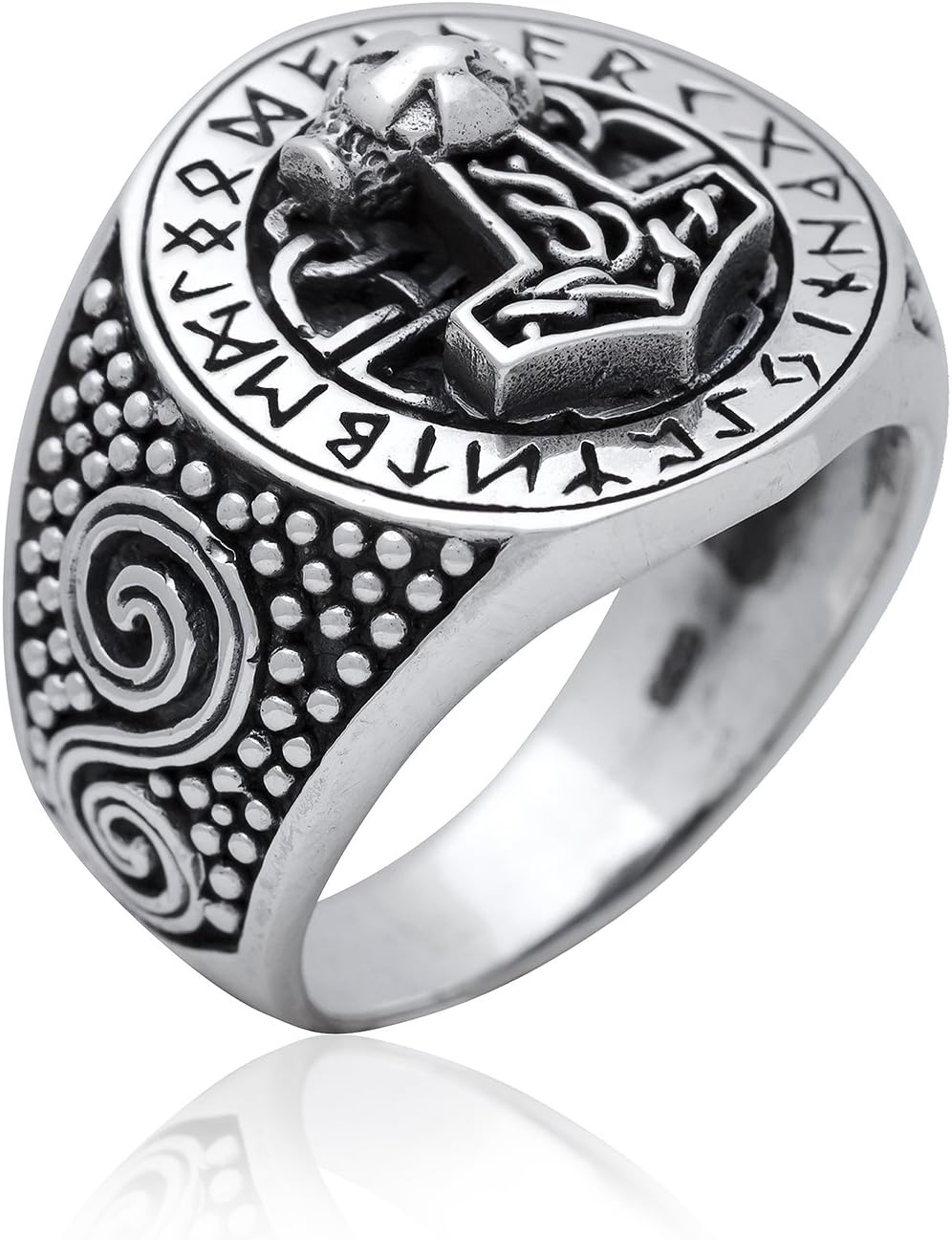 925 Sterling Silver Viking Thor Hammer Mjolnir Runes Futhark Ring