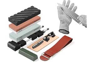 Aledaras Complete Whetstone Knife Sharpener Kit, 4 Side Grit 400/1000 3000/8000 Water Stone with Non-Slip Holder, Flattening Stone, Cut Resistant Gloves, Angle Guide, Honing Guide, Leather Strop