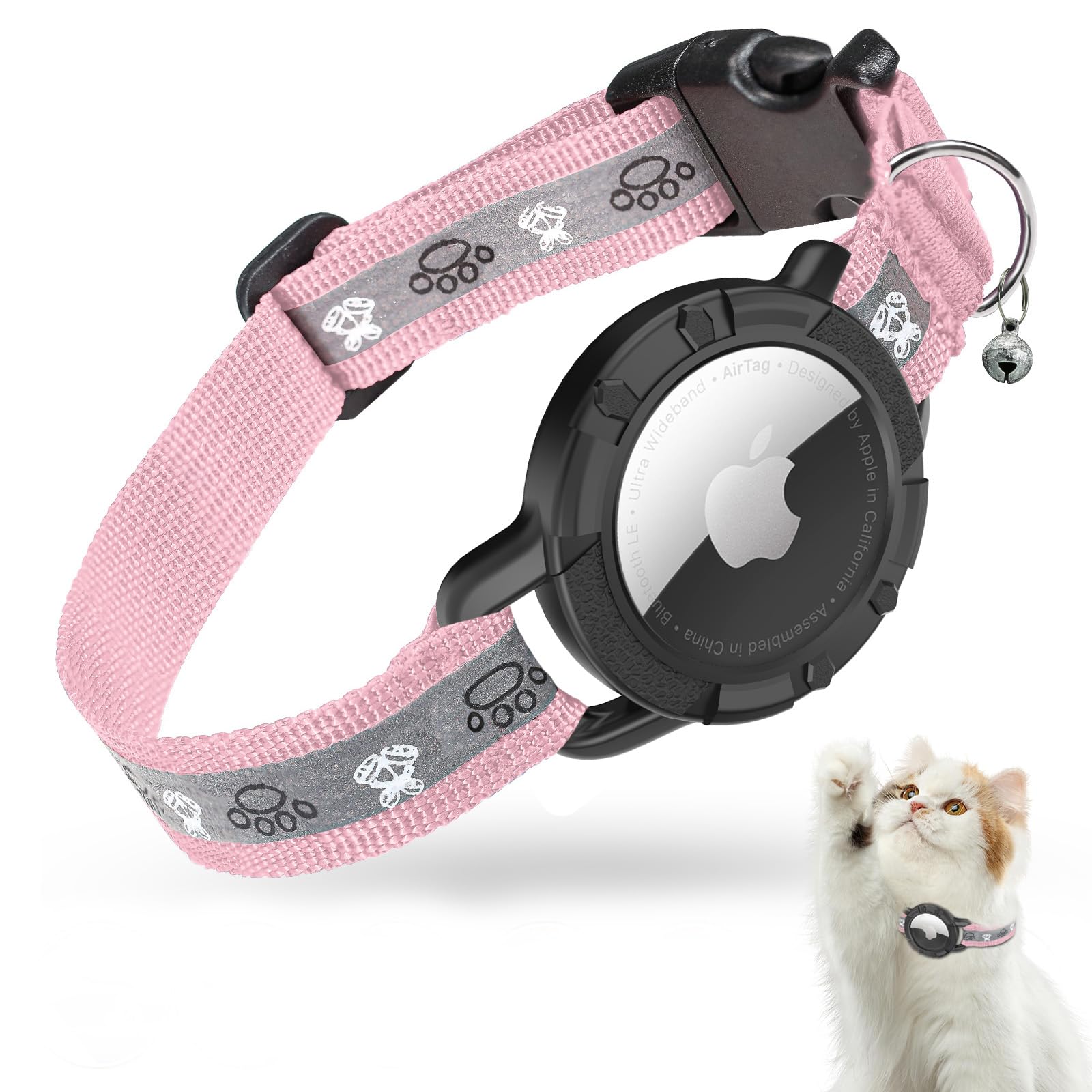 Reflective Airtag Cat Collar, JIARUI Integrated Apple Airtag Cat Collar, GPS Cat Tracker Collar with Airtag Holder and Bell, Lightweight Cat Tracker Collar for Kittens and Puppies (Pink, XS(7"-9"))