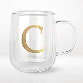 COLLECTIVE HOME - Double Walled Glass Coffee Mugs, Insulated Coffee Mug with Handle, Personalized Gifts for Women, Men, Christmas, 14 oz Monogram Cups (C)