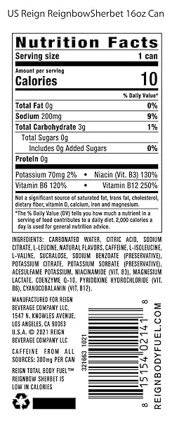 REIGN TOTAL BODY FUEL, REIGNBOW SHERBET, FITNESS & PERFORMANCE DRINK, 16 FL OZ (PACK OF 12)