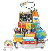 15 Pcs Back to School Decorations First Day of School Tiered Tray Decor | School Themed Table Decor with Wooden Apple Signs Globe Pencils, Farmhouse Rustic Props for Teacher Classroom Home Display