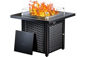 Ciays Propane Fire Pit, 28″ Outdoor Gas Fire Pit, 50,000 BTU Steel Fire Table with Glass Wind Guard, Lid & Lava Rock, Add Warmth and Ambience to Gatherings and Parties On Patio Deck Garden Backyard