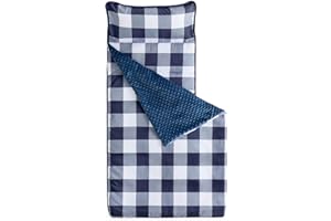 Wake In Cloud - Toddler Nap Mat with Pillow and Minky Fleece Blanket, for Kids Boys Girls in Daycare Preschool Kindergarten, Roll Up Sleeping Bag, Buffalo Check Plaid, Navy Blue White, Standard
