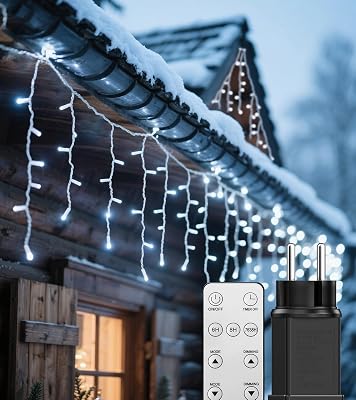 Guirlande Noël Exterieur 10m 400 LED, Rideau Lumineux Exterieur Blanc Froid,8 Modes avec Télécommande RF, Minuterie, 4 Niveaux de Luminosité, Idéal pour Jardin, Patio, Fête Noël [Classe énergétique E]
