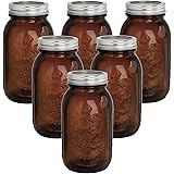 Tebery 6 Pack Amber Regular Mouth Quart Mason Jars, 32oz Canning Glass Jars with Airtight lids and Bands