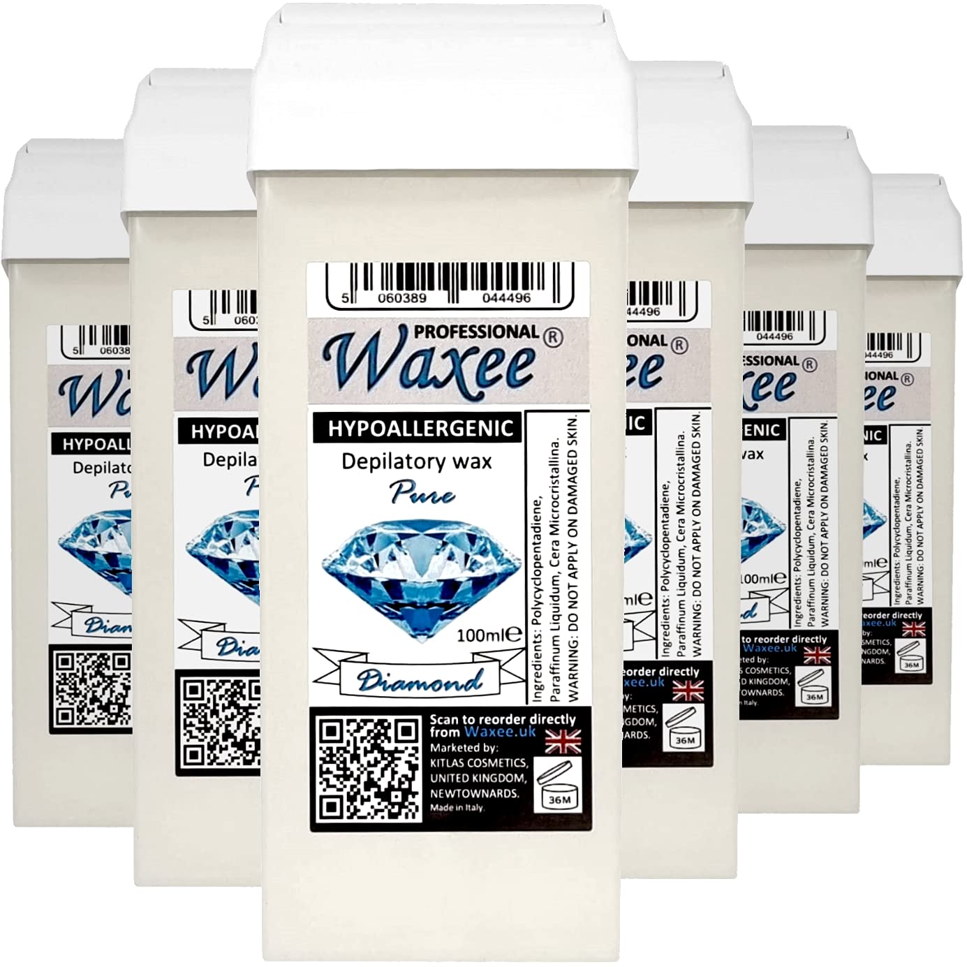 HYPOALLERGENIC 100ml roll on wax, roller wax PURE DIAMOND. Wax cartridge for sensitive & delicate skin, PREMIUM WAX from Waxee! (6 x 100ml roll-on wax cartridge)