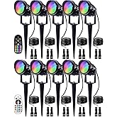 SUNVIE 12W Christmas Low Voltage Landscape Lighting RGB Color Changing LED Landscape Lights Remote Control Waterproof Garden Patio Spotlight Decoration for Outdoor Indoor(10 Pack with Connector)