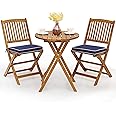 Giantex 3Pcs Patio Bistro Set, Wood Folding Table Set, 2 Cushioned Chairs for Garden Yard, Outdoor Furniture Round Table (Natural & Navy Blue)