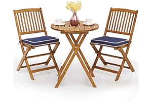 Giantex 3Pcs Patio Bistro Set, Wood Folding Table Set, 2 Cushioned Chairs for Garden Yard, Outdoor Furniture Round Table (Natural & Navy Blue)