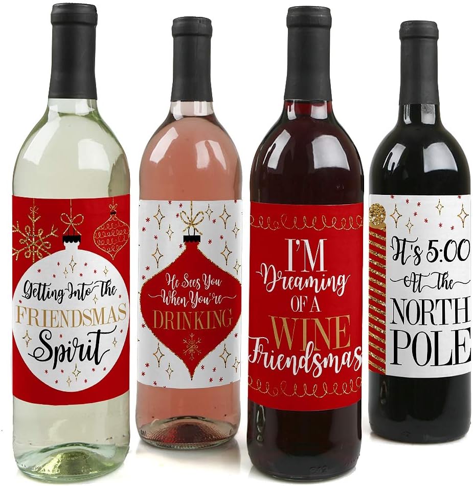 Amazon Com Big Dot Of Happiness Red And Gold Friendsmas Friends Christmas Party Decorations For Women And Men Wine Bottle Label Stickers Set Of 4 Kitchen Dining