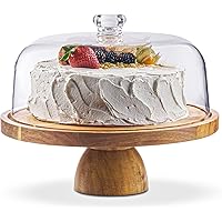 Cake Stand with Acrylic Dome Lid 2-in-1 Multifunctional Round Shatterproof Dessert Table Display Set with Acacia Wood Serving