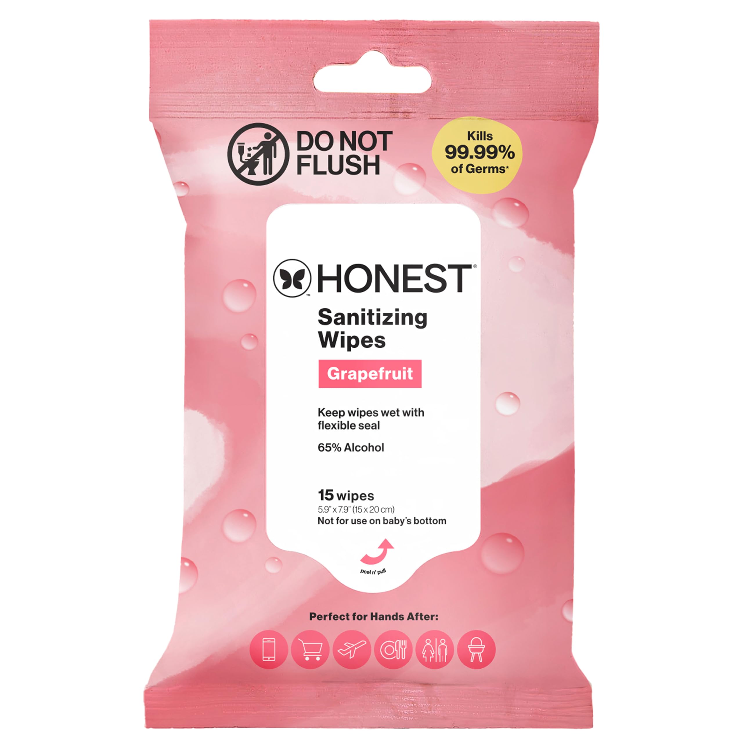 The Honest Company Grapefruit Grove Sanitizing Wipes, Kills 99.99% of Germs, Safe for All Hands, Antibacterial, Dermatologist Tested, 15 Count