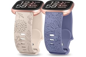 Minyee 2 Packs Floral Engraved Band Compatible with Fitbit Versa 2/Fitbit Versa/Versa Lite Bands Women, Cute Soft Silicone Sunflower Dandelion Sport Designer Fancy Summer Strap for Versa 2 Smart Watch