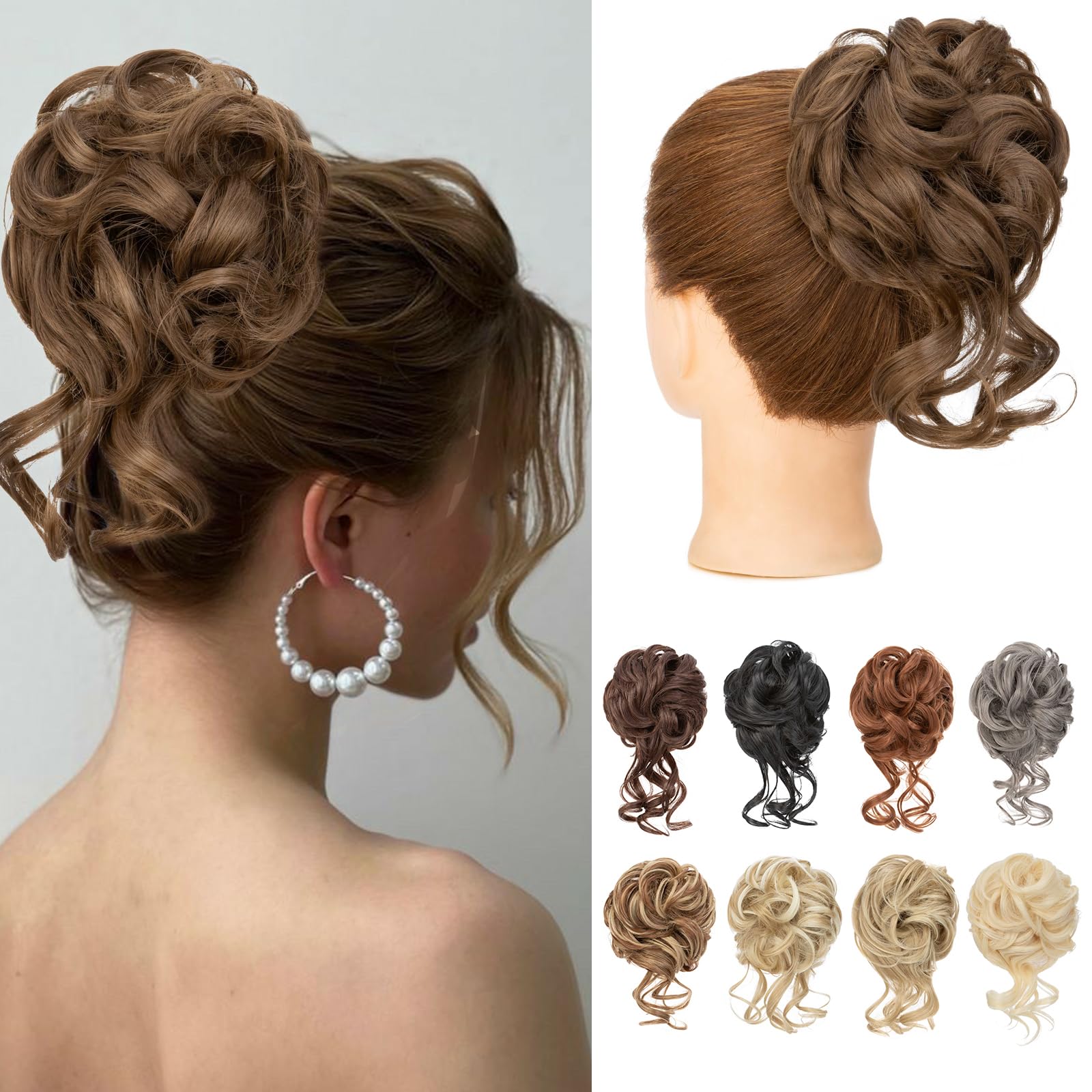 Benehair Messy Bun Hair Piece Wavy Curly Claw Clip Hair Bun Extensions Synthetic Hair Bun Donut Accessories Scrunchies Medium Brown Hair Pieces for Women(Medium Brown, 75g) — image 1