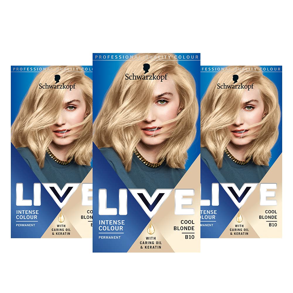 Schwarzkopf Live Intense Colour Blonde Hair Dye, 3-Pack Permanent Colour with Keratin, Cool Blonde B10
