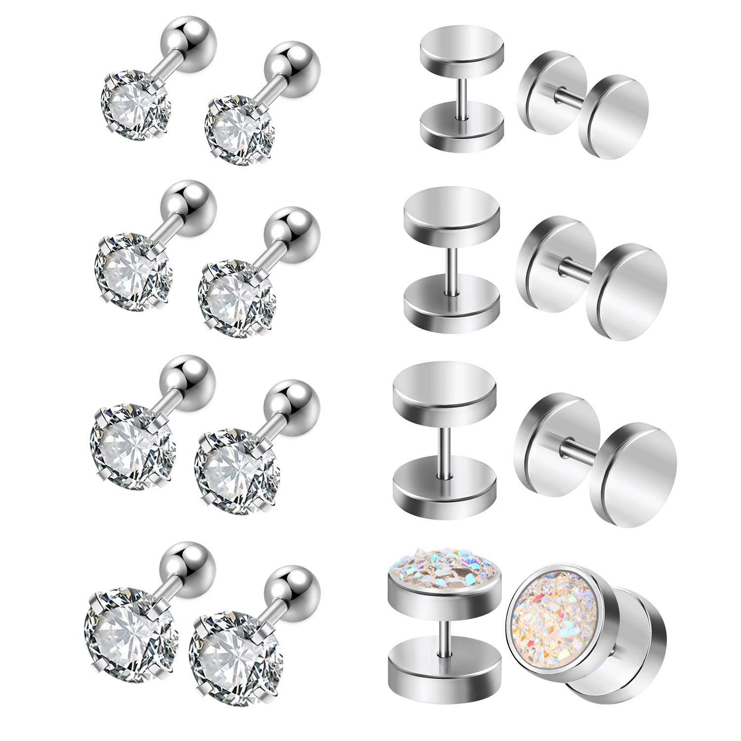 Mayhoop 8 Pairs Stainless Steel Stud Earrings for Men Women CZ Earring Studs Cartilage Helix Tragus Earrings Hoop Earrings For Men Silver Color