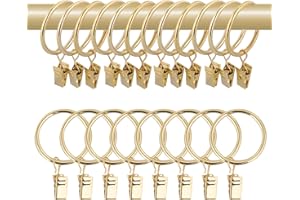 WISION 40 Pcs 1.5" Metal Curtain Rings with Clips, Drapery Hanging Rings Clips for Tension Rod Bracket Eyelets Decorative Hangers, Gold