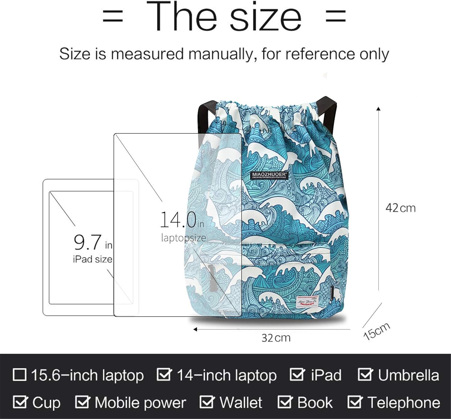 Waterproof Drawstring Bag, Gym Bag Sackpack Sports Backpack for Men Women Girls (50-wave): Clothing