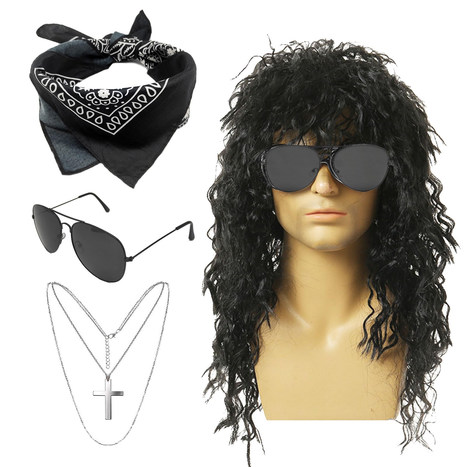 SKHAOVS 4Pcs Rocker Costume Set 60s 70s 80s Disco Hippie Wig for Adults With Sunglasses, Bandana, Cross Necklace - Theme Party Halloween Show (Black)