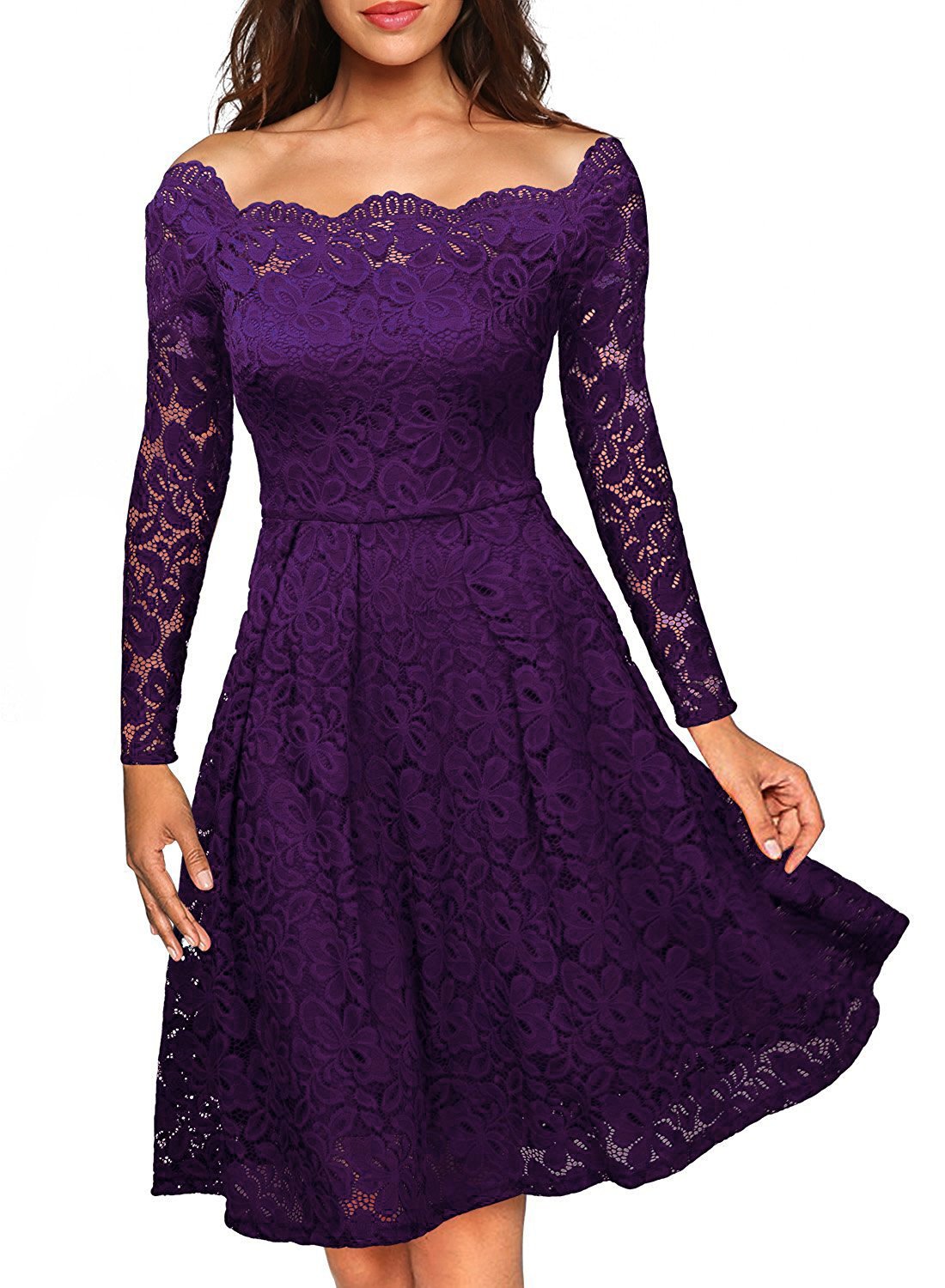 Annigo Ladies Retro Lace Long Sleeve Fit and Flare Midi Christmas