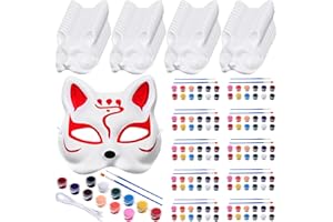 REALSPRING 50 Pcs Cat Mask Unpainted White Therian Masks Blank with 10 Set 12 Colors Paint and Brushes Paintable DIY Animal Masks for Masquerade Halloween Party, Cosplay, Classroom Art