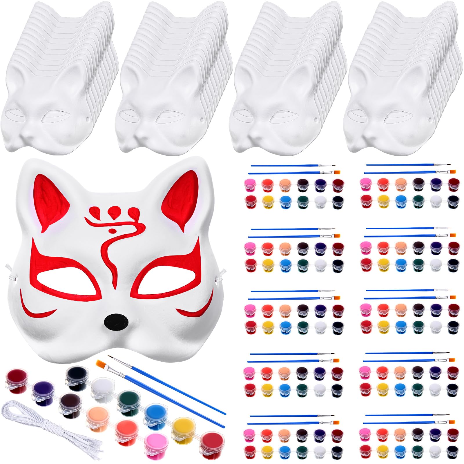 Photo 1 of Realspring 50 Pcs Cat Mask Unpainted White Therian Cat Masks Blank with 10 Set 12 Colors Paint and Brushes Paintable DIY Animal Face for Halloween Party Masquerade