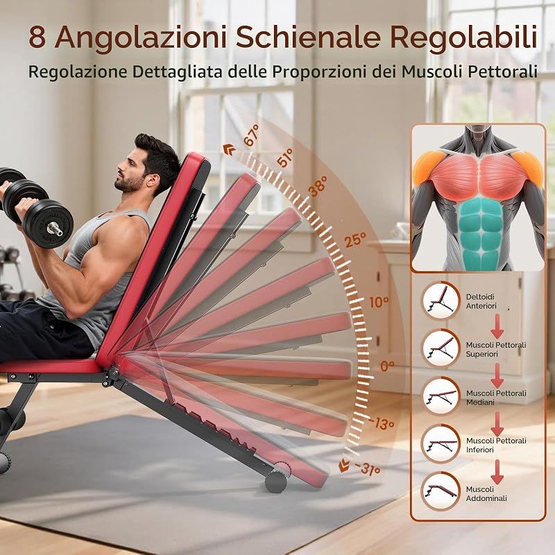 Panca pesi regolabile,professionale,sistema di regolazione rapida,facile da ripiegare e riporre,schienale allungato adatto per la panca piana, montata al 80%