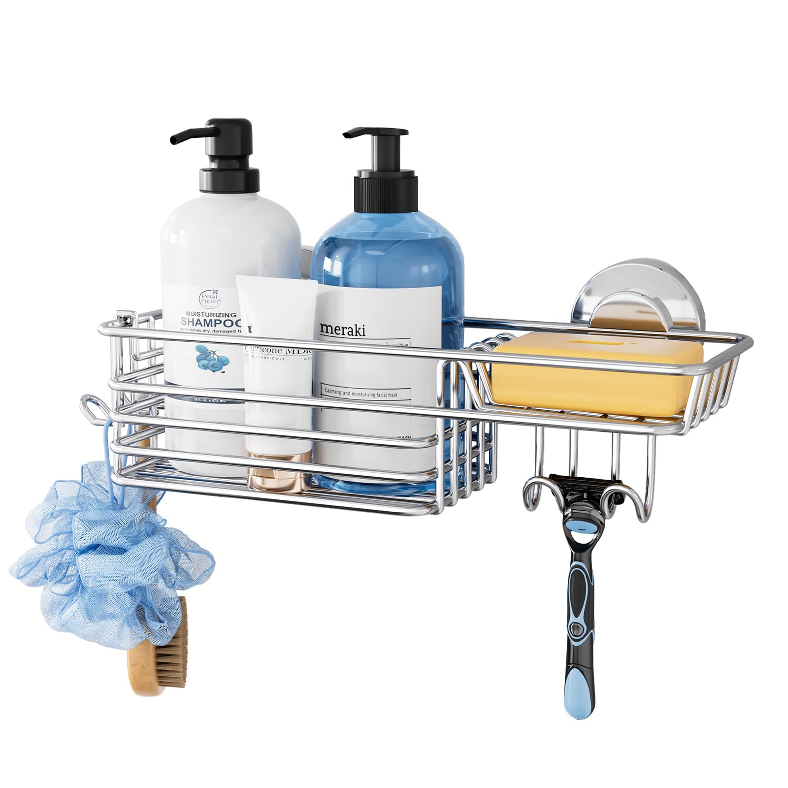 TAILI Shower Caddy Suction Cup with Hooks & Soap Holder Heavy Duty Bathroom Shower Organizers Max Hold 10KG Removable Bathroom for Shampoo Toiletries Kitchen Accessories Stainless Steel Basket, Silver