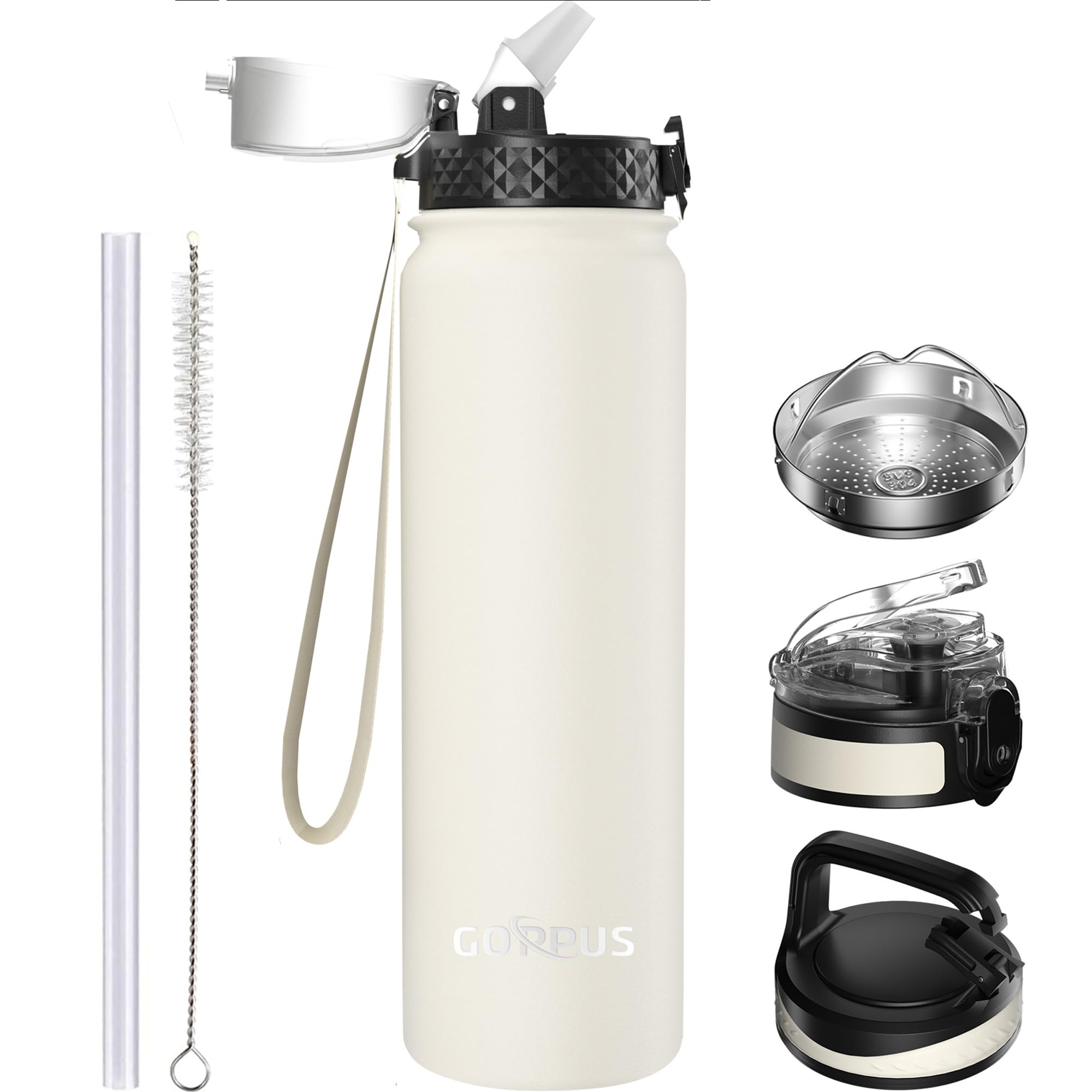 GOPPUS 1L/32oz Stainless Water Bottle with Straw Double Wall Insulated Bottles with Strap Reusable Vacuum Thermal Flask Leakproof Keep Cold Drinks Bottles with Flip Top Lid for Gym Men Women BPA Free