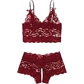 SweatyRocks Women's 2 Piece Lingerie Set Sheer Lace Cut Out Bra and Panty Teddy Lingerie