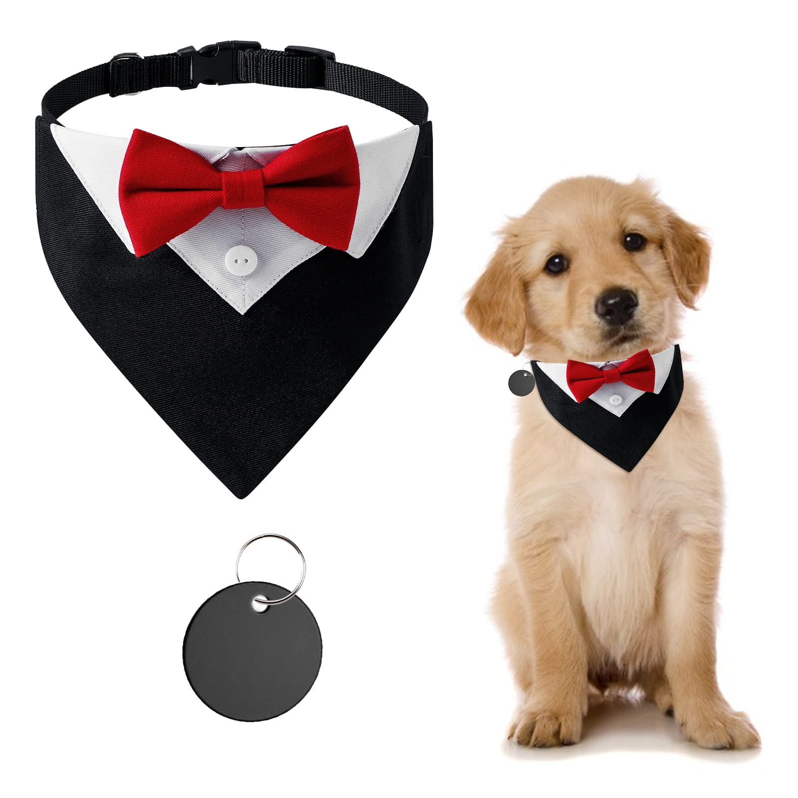 URROMA Red Formal Dog Tuxedo Bandana, Cotton Wedding Collar with Bow Tie and Neck Tie for Dogs and Cats, Small